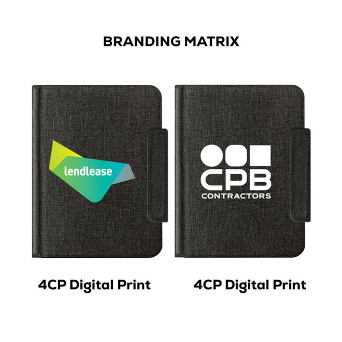 A black passport holder featuring a textured finish and two branding logos on the front.