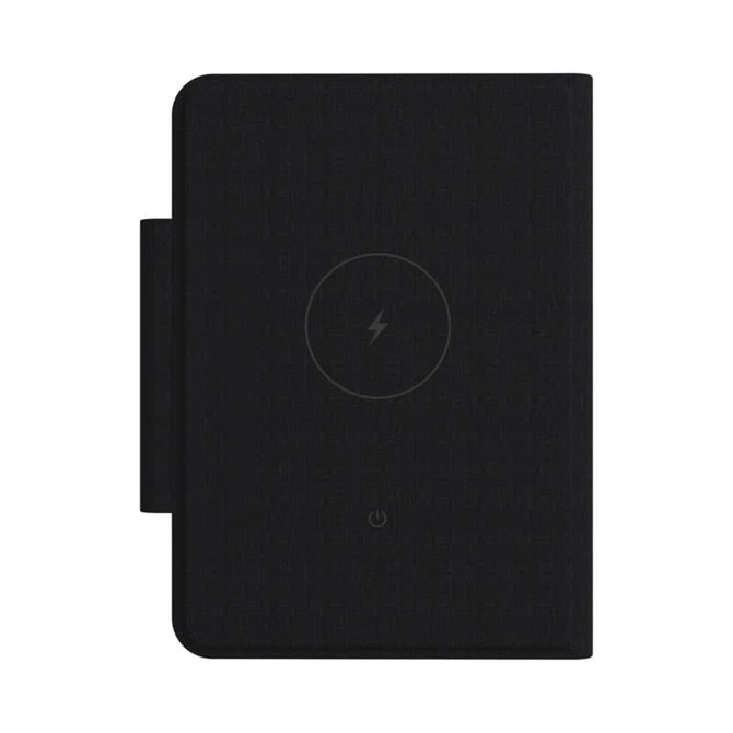 A black passport holder with a simple design and a logo on the front. It includes a global tracking tag feature.