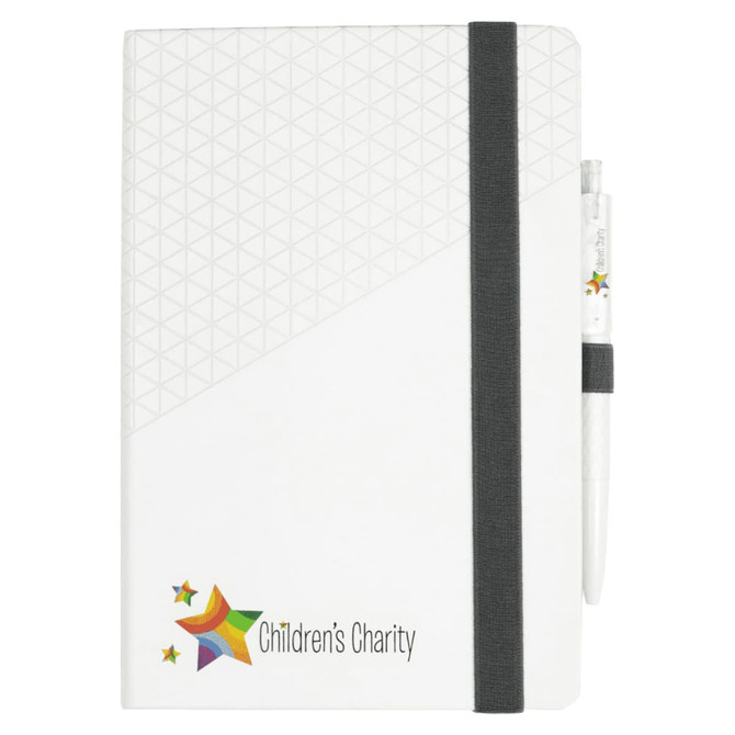 A white notebook with a geometric design, featuring a grey elastic band and a pen attached, and a logo.