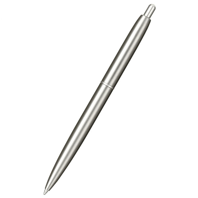 A recycled stainless steel ballpoint pen with a sleek silver finish and a simple, elegant design.