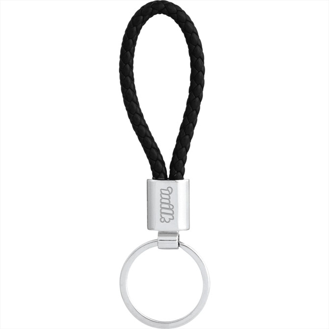 A black vegan leather twist key ring with a silver metal attachment and a circular ring.
