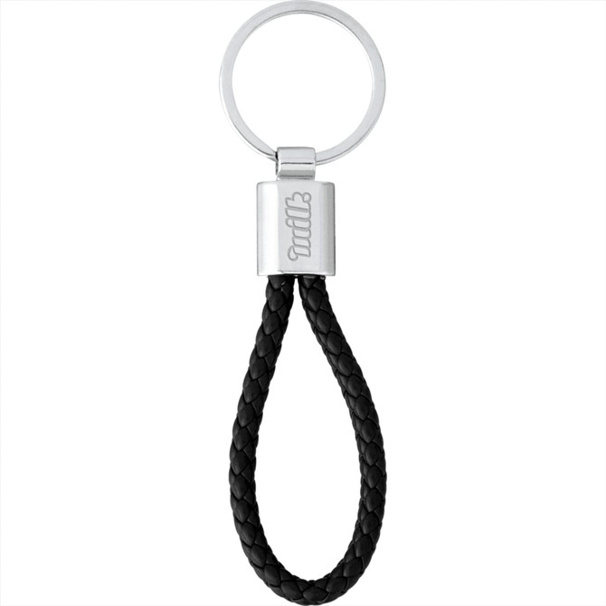 A black vegan leather twist key ring with a silver metal attachment and branding on the clasp.