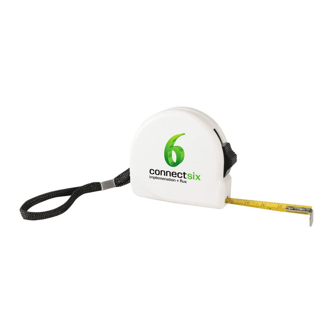 A white 3m locking tape measure with a yellow measuring tape and a black wrist strap, featuring a logo.