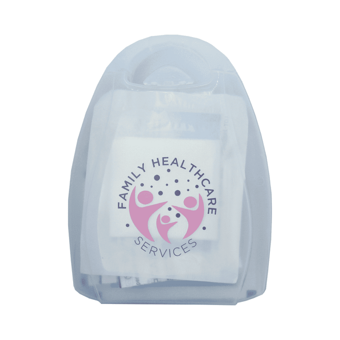 A portable first aid kit in a transparent case, featuring assorted medical supplies and a logo on the front.
