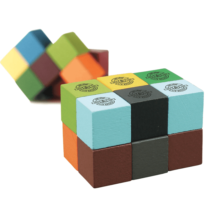 A colourful block puzzle made of various coloured pieces arranged in a compact design, featuring a logo.
