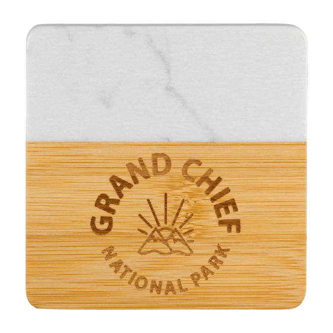 A marble and bamboo coaster featuring a white marble top and a bamboo bottom, with a logo on the surface.