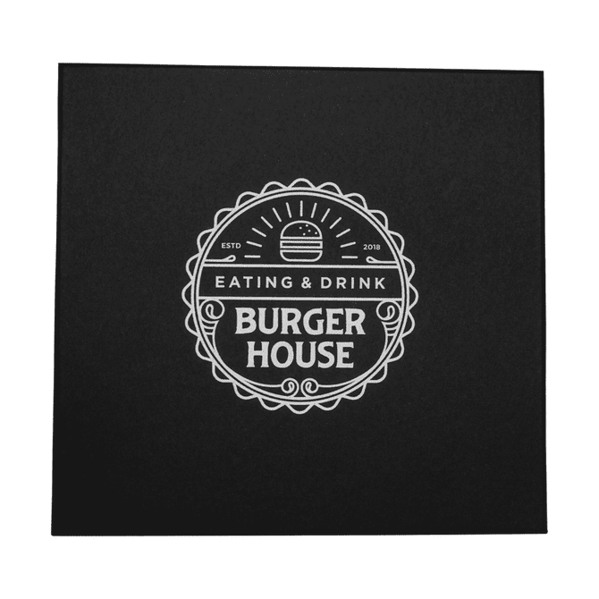 A black menu cover featuring a circular logo with white text and a burger illustration.