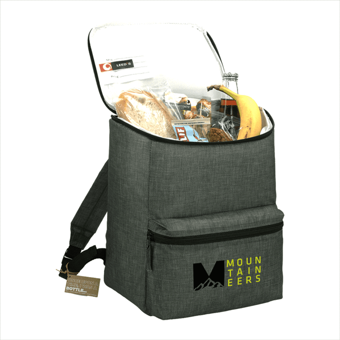A grey backpack cooler featuring a zippered opening, filled with drinks, snacks, and a banana. It has a logo on the front.