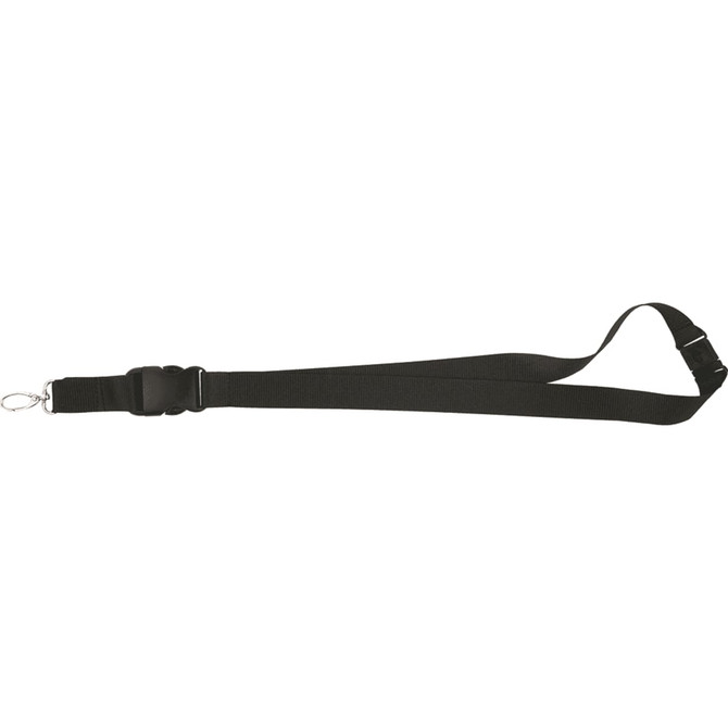 A black 25mm lanyard with a clip and adjustable buckle, designed for exhibitions and events.