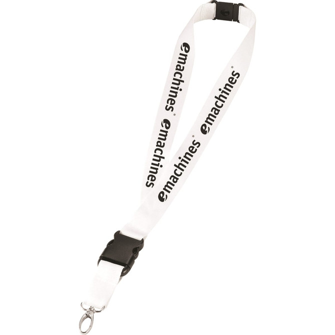 A white lanyard featuring a clip at the end and a logo pattern running along its length.