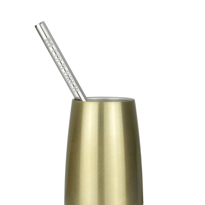 A stainless steel straw in a gold-coloured drink bottle, featuring a simple logo on the straw.