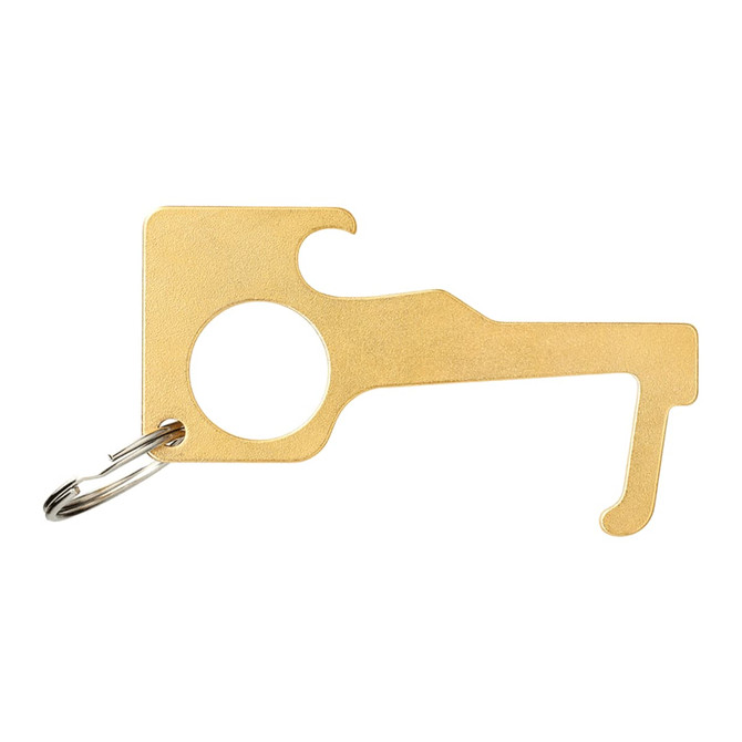 A gold metal no contact keychain with a loop for attaching to keys and a hook for opening doors.