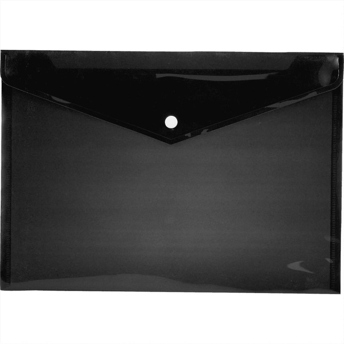 A black, glossy envelope with a button closure, featuring a transparent finish and rounded flap.