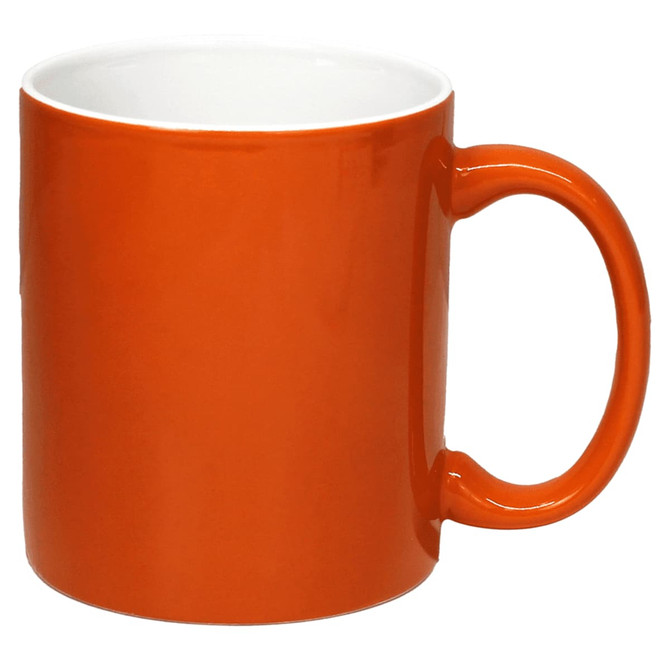 An orange coffee mug with a glossy finish and a smooth handle, suitable for serving beverages.