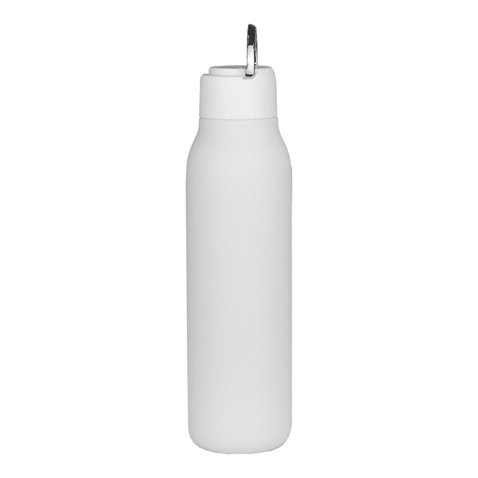 A drink bottle in white with a metal loop, featuring a sleek, modern design.
