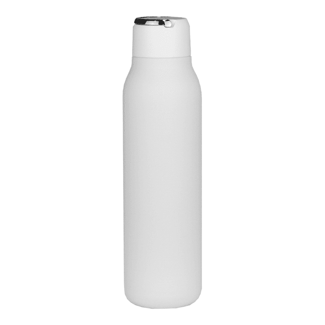 A drink bottle in white with a metal loop, featuring a sleek design and a silver cap.