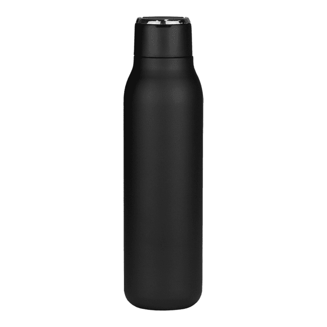 A drink bottle in matte black finish with a metal loop, featuring a logo on the surface. Capacity is 600ml.