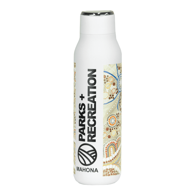 A drink bottle in white with a decorative pattern and a metal loop, featuring a logo. Holds 600ml.