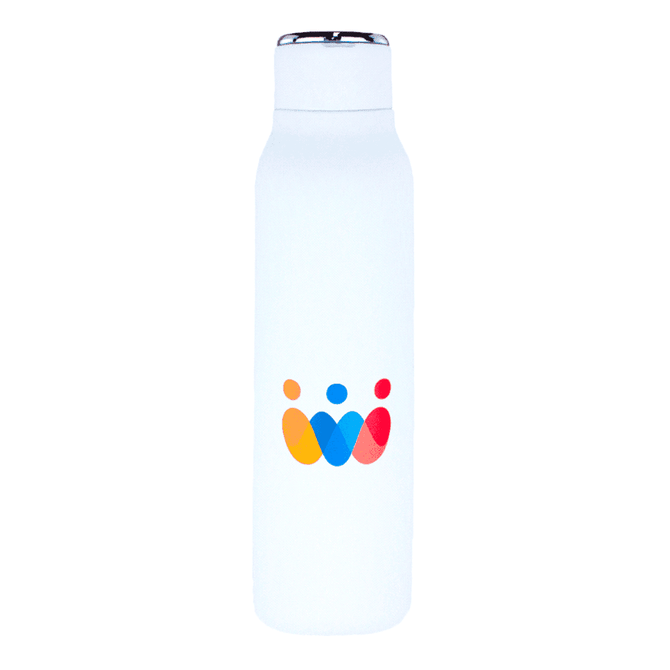 A drink bottle in white with a metal loop, featuring a colourful logo, holds 600ml of liquid.