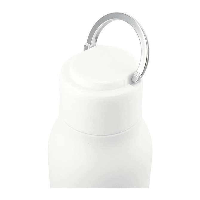 A drink bottle with a white exterior and a metal loop on the lid, designed for easy carrying.