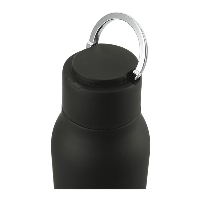 A drink bottle in matte black with a metal loop on the cap and a sleek design.