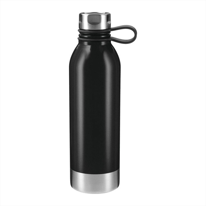A drink bottle in black stainless steel with a silver base and a looped lid is displayed. It features a logo.