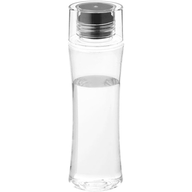 A drink bottle in clear plastic with a sleek design and a silver-coloured cap, featuring a logo.