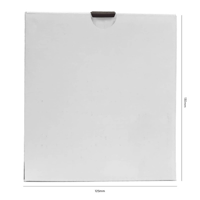 A white box featuring a flap closure, suitable for packaging items, with dimensions of 125mm x 125mm.