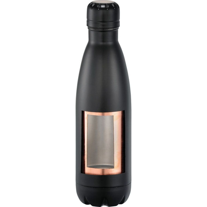 A drink bottle with a sleek black exterior and a copper-coloured interior. It features a logo.
