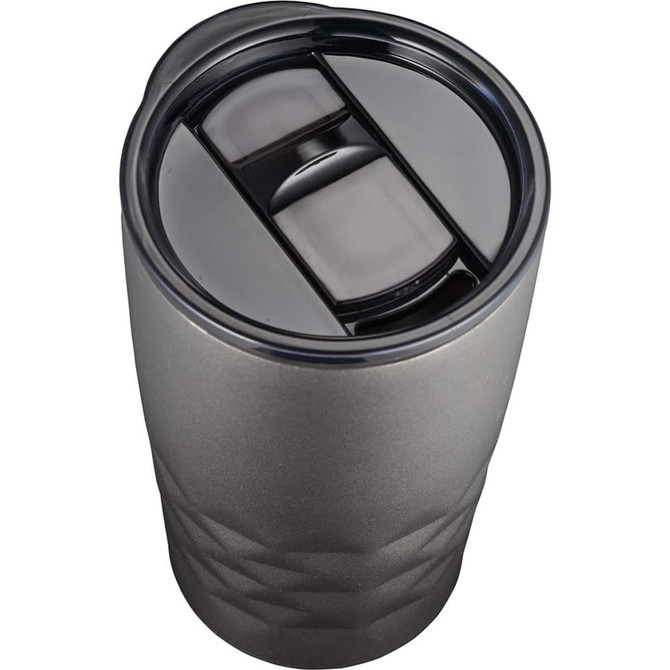 A drink bottle in a sleek copper finish with a black lid and a textured design. It includes a logo on the side.