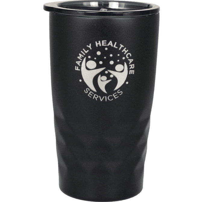 A drink bottle with a matte black finish, featuring a logo and a clear lid. It is a copper vacuum insulated tumbler.