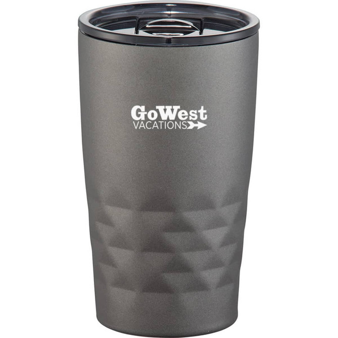 A drink bottle featuring a grey body with a textured design and a lid, along with a branding logo.