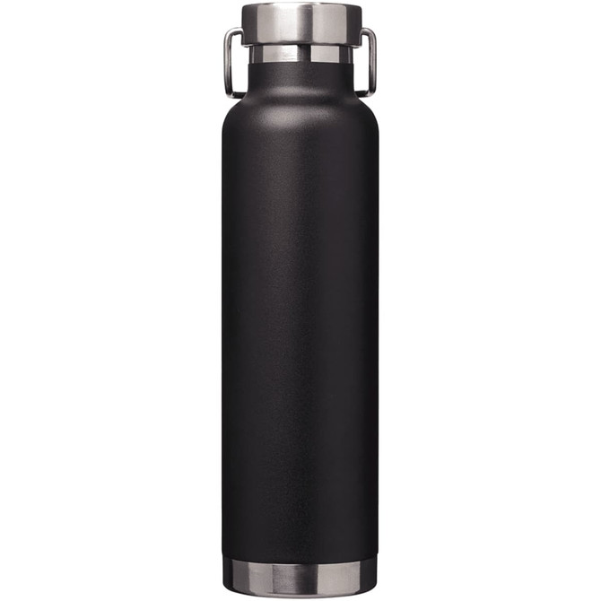 A drink bottle in matte black finish with stainless steel accents and a secure lid. Features a logo.