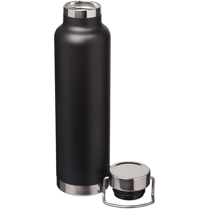 A drink bottle made of black stainless steel, featuring a silver cap and a sleek insulated design.