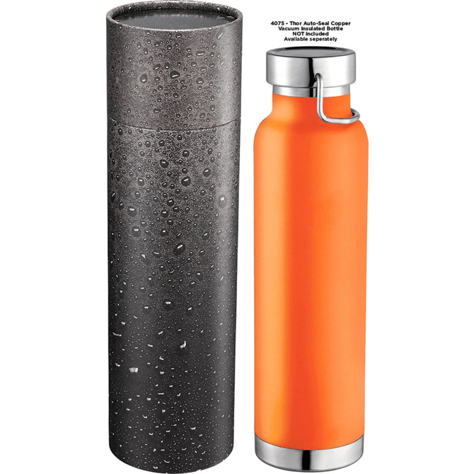 A drink bottle in vibrant orange, with a silver lid, and a textured black protective case. Features a logo.