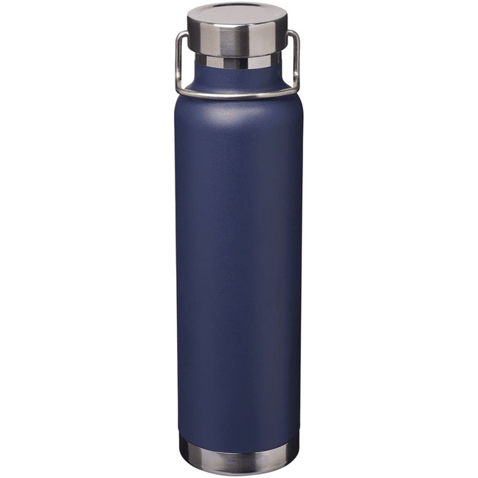 A drink bottle in navy blue with a stainless steel base and cap, featuring a carrying handle.