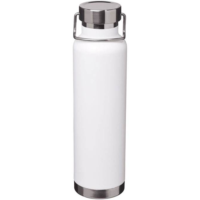 A drink bottle in white with a stainless steel lid and handle, featuring a logo on the surface.