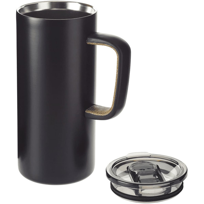 A travel mug featuring a matte black finish, cork handle, and a clear lid.