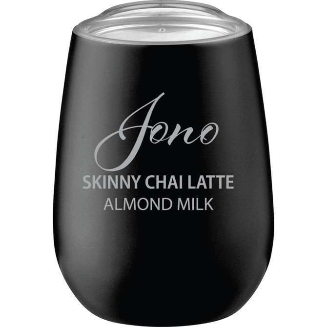 A drink bottle with a sleek black finish, featuring a transparent lid and a logo.