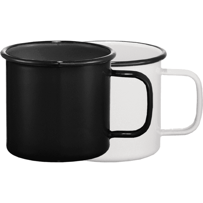 A drinkware set featuring two enamel metal cups, one black and one white, each with a contrasting rim and handle.
