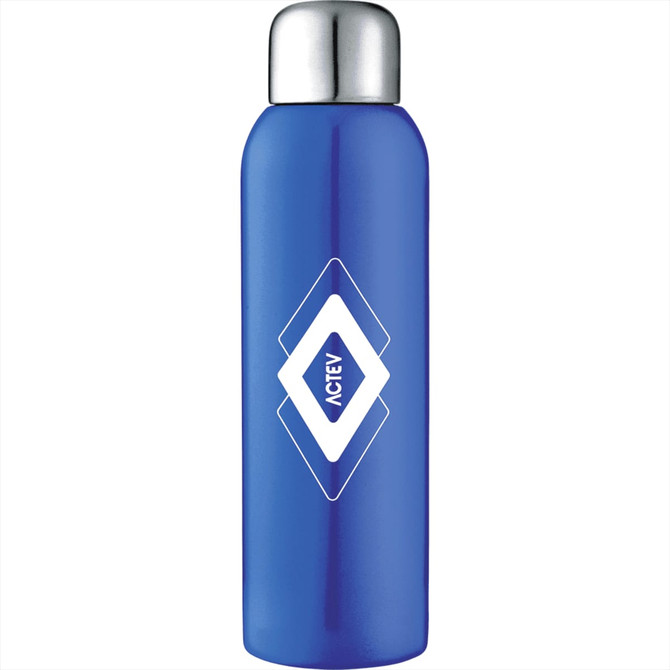 A drink bottle in a vibrant blue colour with a stainless steel lid and a logo on the front.