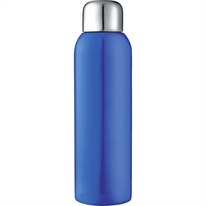 A drink bottle in a glossy blue finish with a silver cap and a logo on the surface.