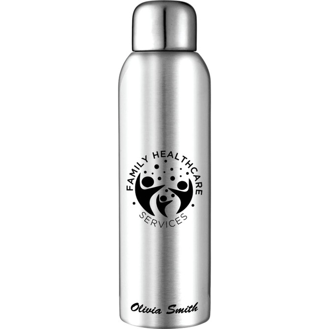 A drink bottle in stainless steel with a shiny finish and a logo on the front.