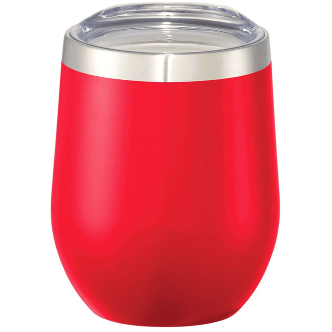 A drink bottle in vibrant red with a stainless steel rim and clear lid, designed for insulated beverages.