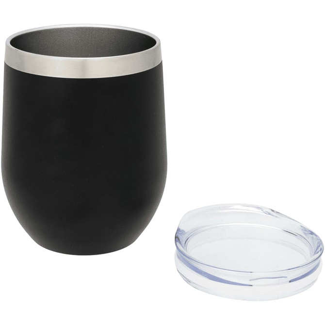 A drink bottle with a black exterior and stainless steel rim, accompanied by a clear lid.