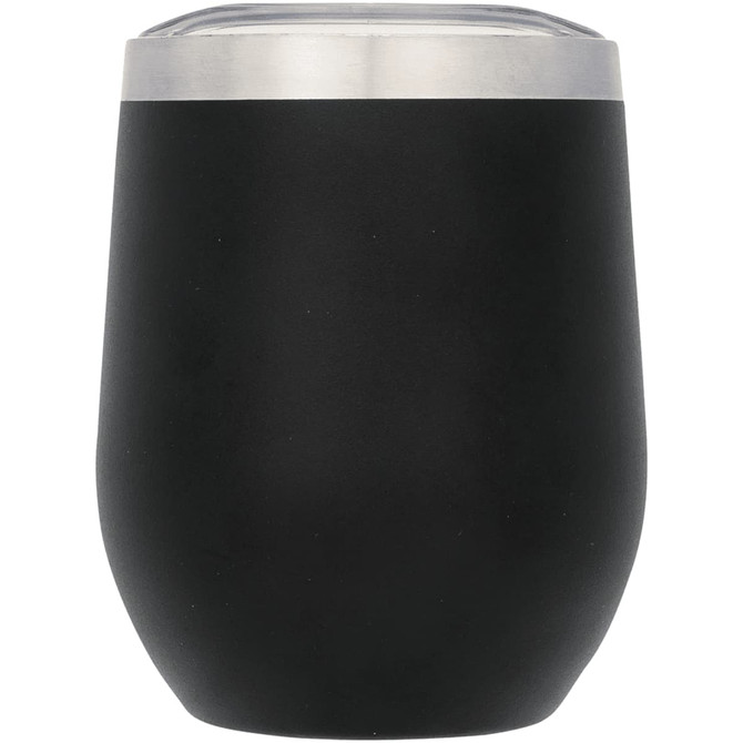 A drink bottle in matte black with a stainless steel rim, featuring a clear lid and a sleek, rounded design.