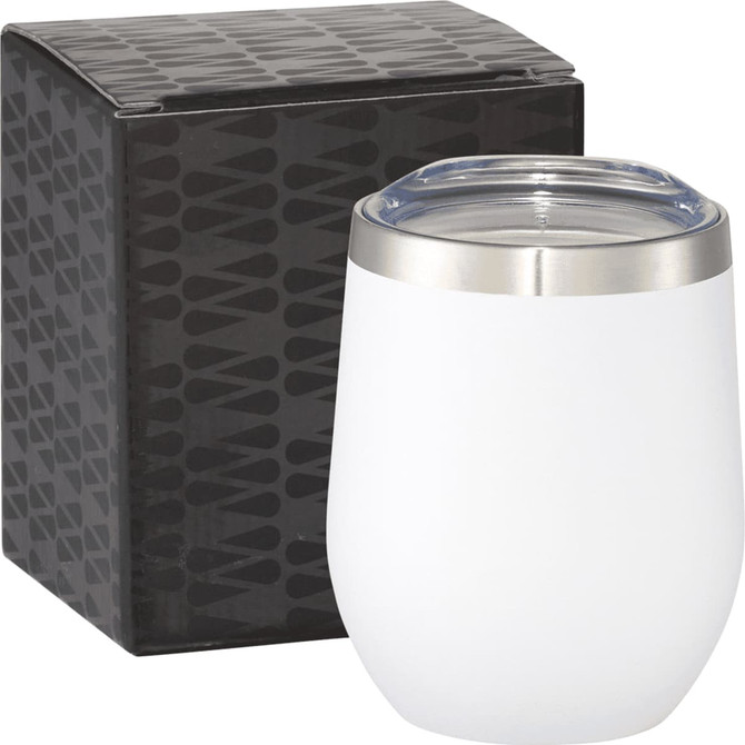A drink bottle with a white body and stainless steel lid, next to a black patterned box.