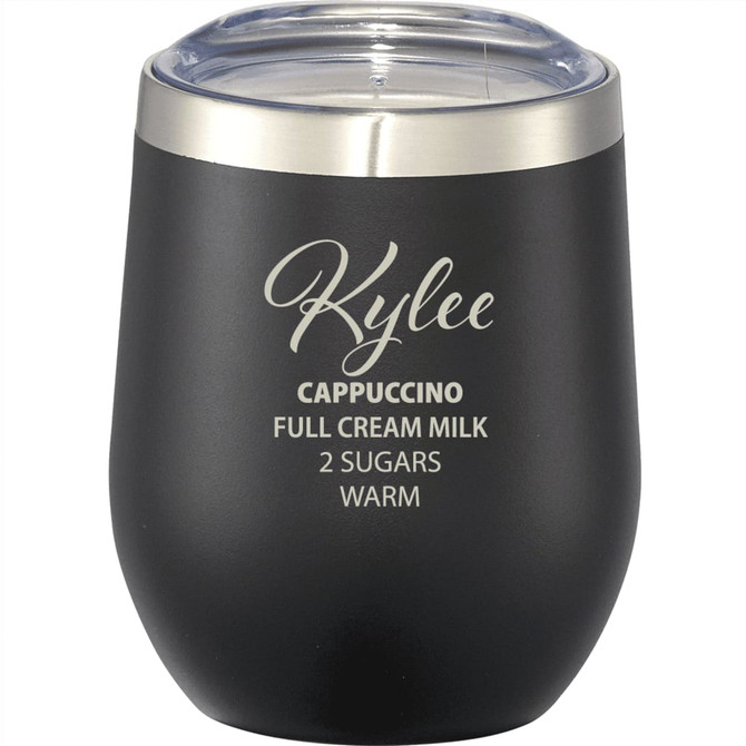 A drink bottle in matte black finish with a stainless steel rim and a clear lid, featuring a logo. 