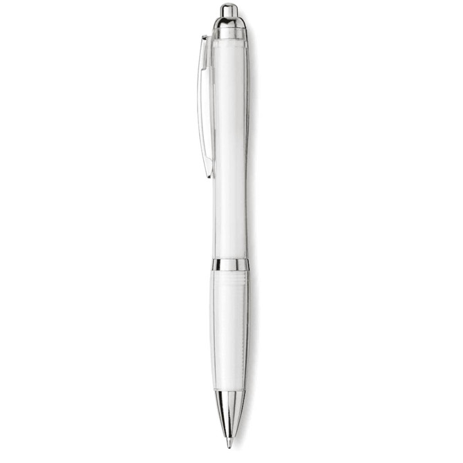 A ballpoint pen in a transparent body with silver accents and a clip. Features a logo on the barrel.