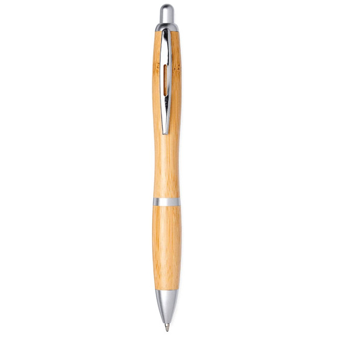A bamboo ballpoint pen featuring silver accents and a clip, exhibiting a natural wood appearance.